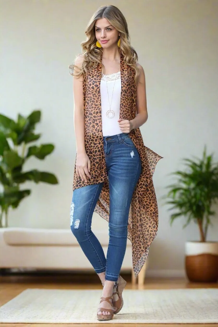 Womens Leopard Cheetah Kimono, Sleeveless Vest, Open Front Cardigan, One Size, Brown/Black