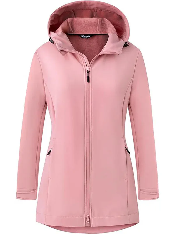 Women's Softshell Jackets Waterproof Fleece Lined Windbreaker Jacket Hooded Windproof Jacket Warm Long Coat