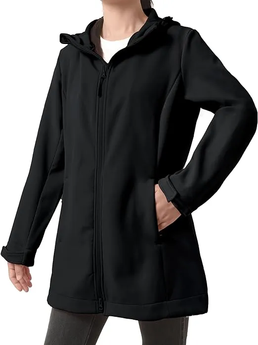 Women's Softshell Jackets Waterproof Fleece Lined Windbreaker Jacket Hooded Windproof Jacket Warm Long Coat