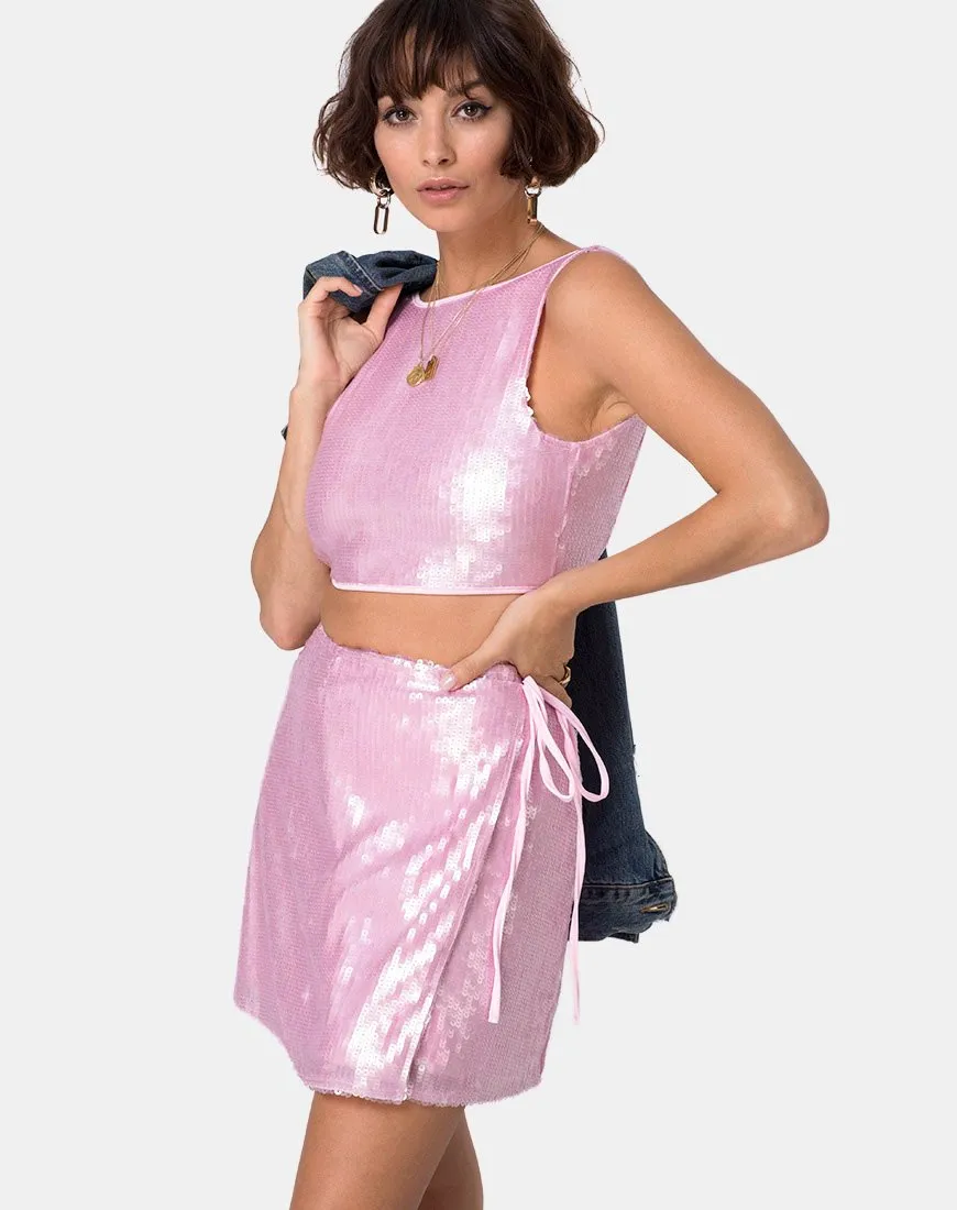 Wrap Skirt in Pink Tint Sequin